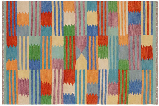 handmade Modern Kilim Blue Rust Hand-Woven RECTANGLE 100% WOOL area rug 4x6