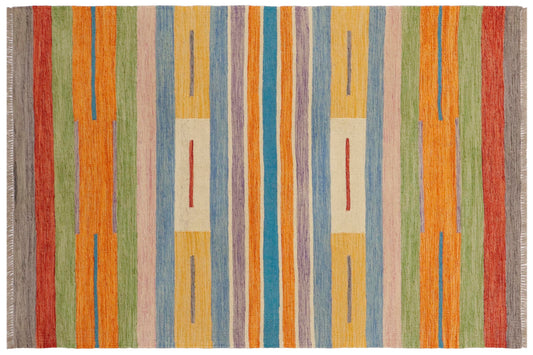 handmade Modern Kilim Blue Beige Hand-Woven RECTANGLE 100% WOOL area rug 4x6