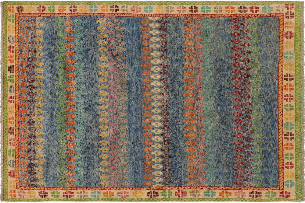 handmade Modern Balouchi Blue Beige Hand Knotted RECTANGLE 100% WOOL area rug 5x7