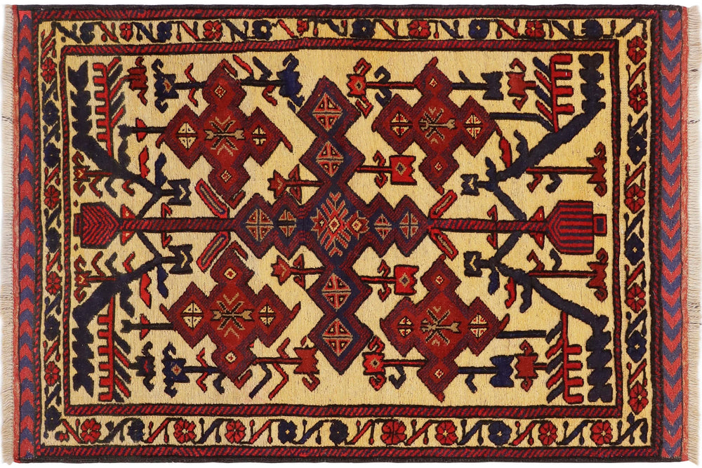 handmade Geometric Balouchi Tan Red Hand Knotted RECTANGLE 100% WOOL area rug 3x4
