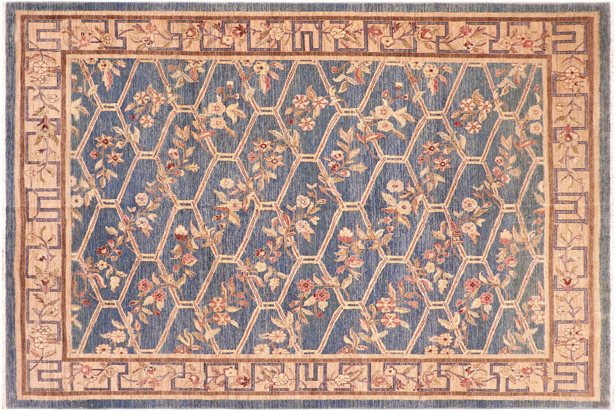 8x10 hand knotted transitional wool rug in blue and tan - Oriental Margrett