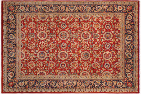 handmade Transitional Agra Tabriz Red Blue Hand Knotted RECTANGLE 100% WOOL area rug 9x12