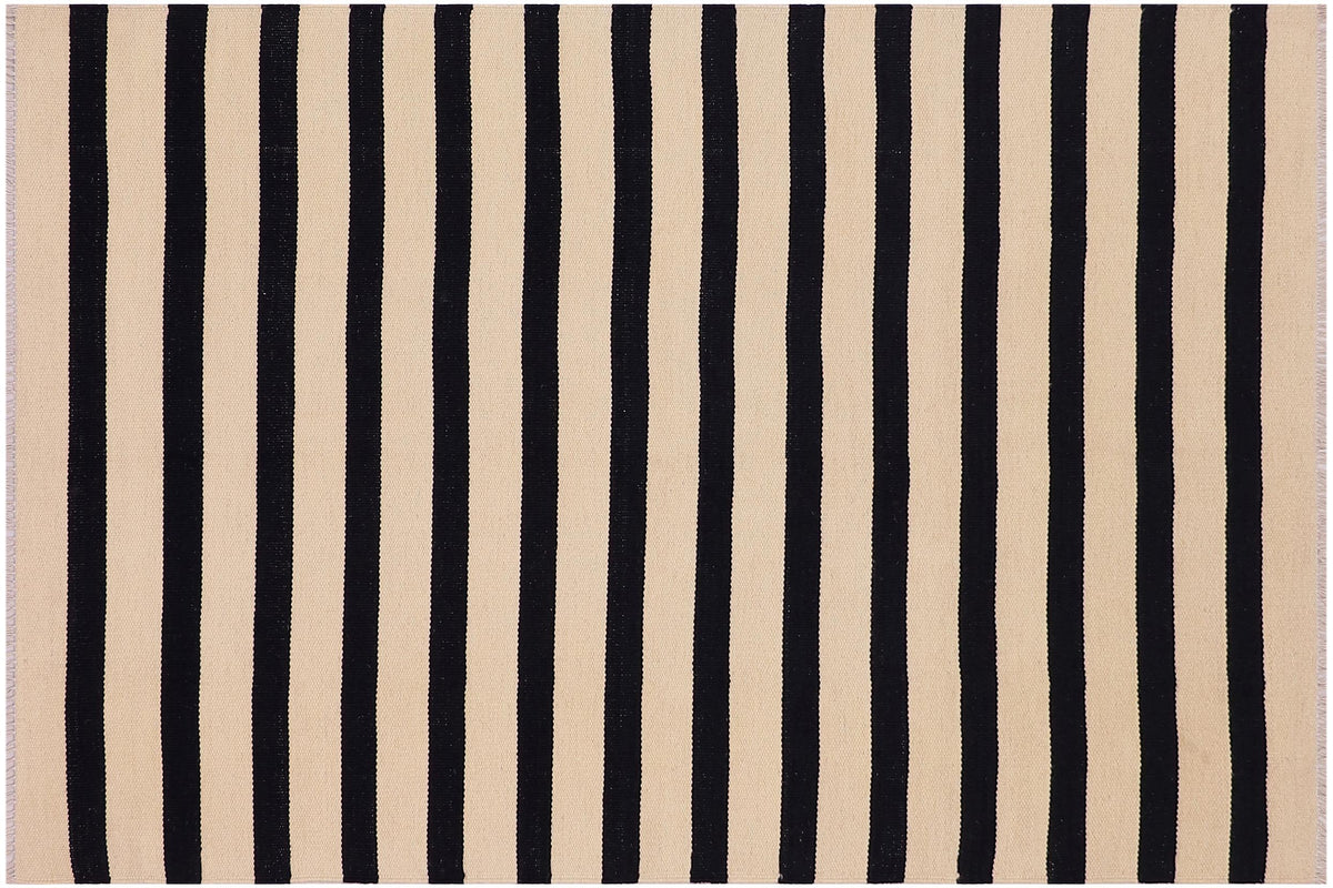 5x6 hand woven Turkish Flat Weave Kilim wool rug in beige and black - Modern Turkish Ned