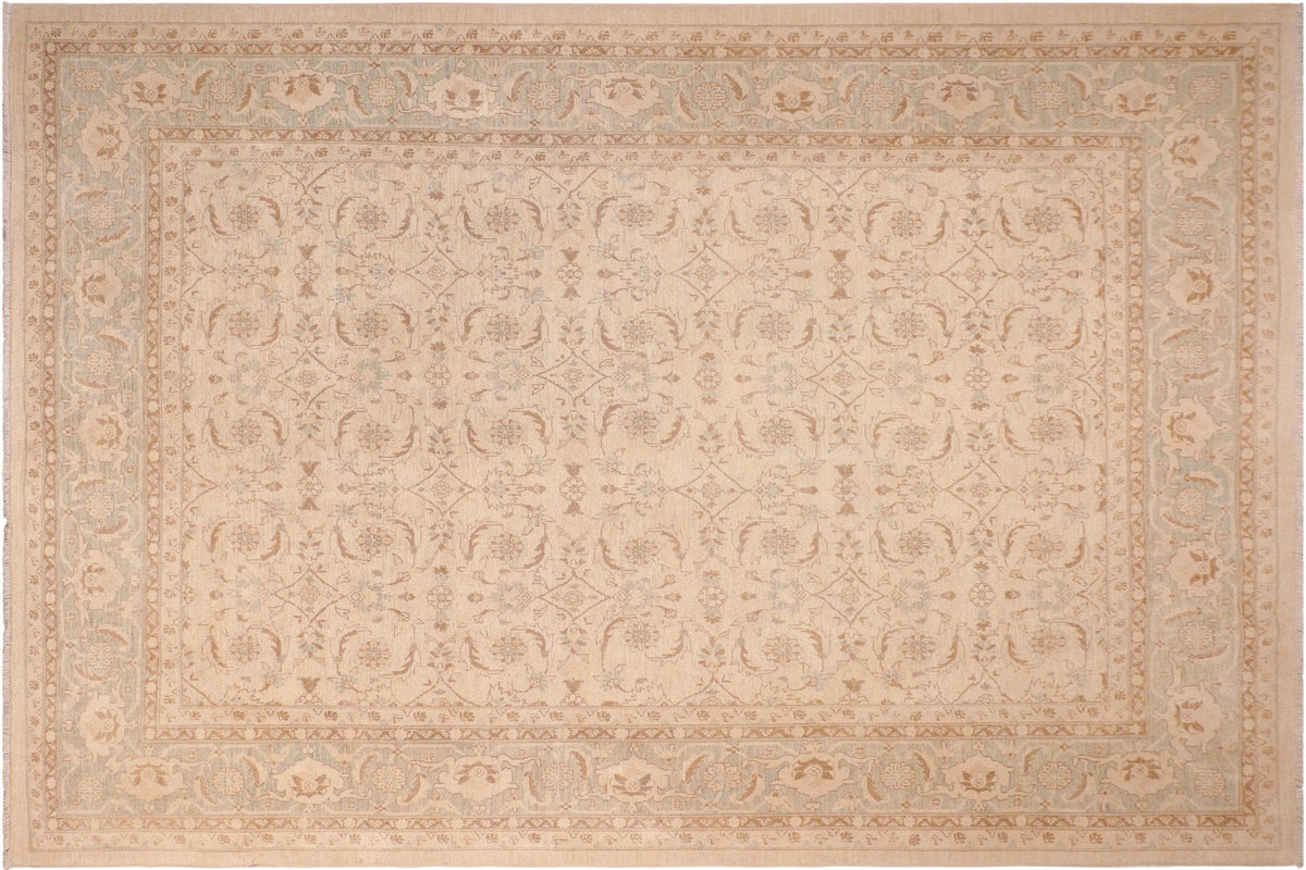 8x10 hand knotted transitional wool rug in beige and green - Bohemian Willodea