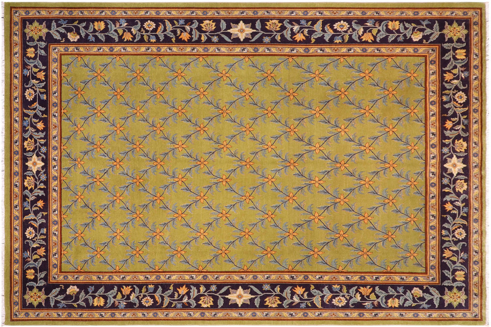 handmade Transitional Kafkaz Lime Green Blue Hand Knotted RECTANGLE 100% WOOL area rug 9' x 12'
