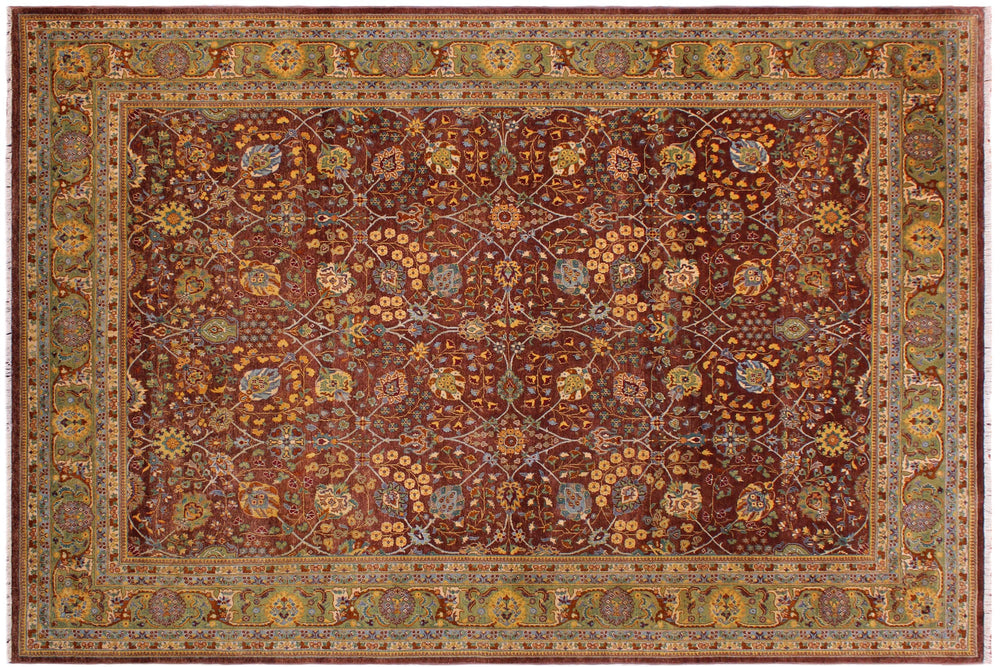 handmade Traditional Design Brown Lt. Green Hand Knotted RECTANGLE 100% WOOL area rug 9' x 12'
