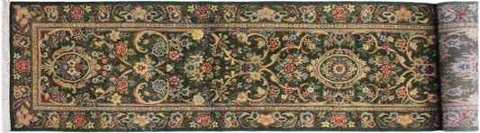 handmade Traditional Gulzar Green Gold Hand Knotted RUNNER 100% WOOL area rug 3' x 12'
