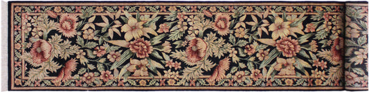 handmade Traditional Nawazish Black Pink Hand Knotted RUNNER 100% WOOL area rug 3' x 12'