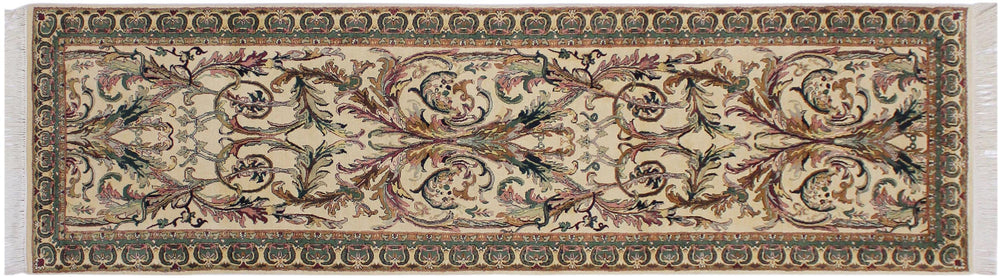 handmade Traditional Bhati Ivory Green Hand Knotted RUNNER 100% WOOL area rug 3' x 10'