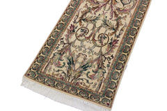 handmade Traditional Bhati Ivory Green Hand Knotted RUNNER 100% WOOL area rug 3' x 10'