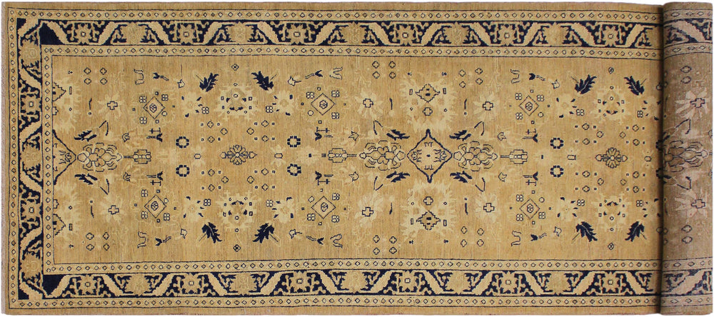 handmade Transitional Kafkaz Gold Blue Hand Knotted RUNNER 100% WOOL area rug 4' x 12'