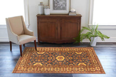 handmade Geometric Super Kazak Blue Gold Hand Knotted RECTANGLE 100% WOOL area rug 4' x 6'