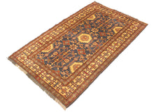 handmade Geometric Super Kazak Blue Gold Hand Knotted RECTANGLE 100% WOOL area rug 4' x 6'