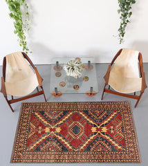 handmade Geometric Super Kazak Red Beige Hand Knotted RECTANGLE 100% WOOL area rug 4' x 6'