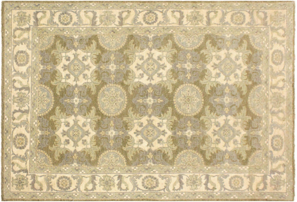 handmade Transitional Kafkaz Lt. Green Ivory Hand Knotted RECTANGLE 100% WOOL area rug 4' x 6'