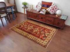 handmade Geometric Super Kazak Red Gold Hand Knotted RECTANGLE 100% WOOL area rug 4' x 6'
