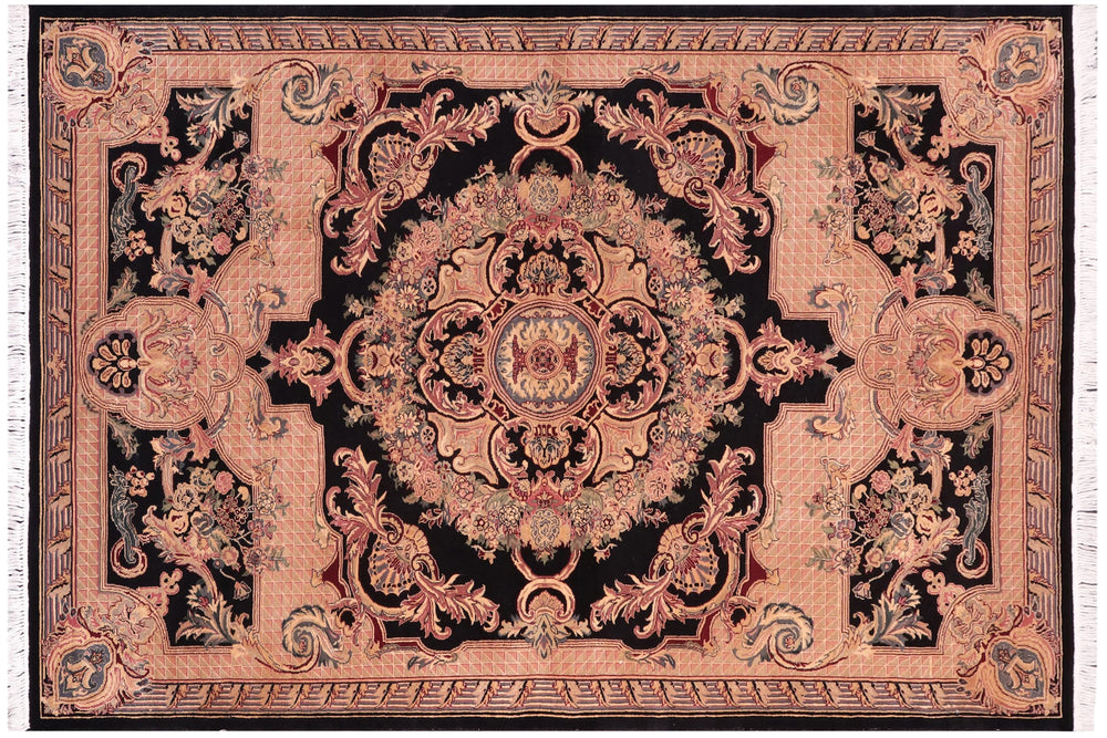 handmade Traditional Savonarrie Black Tan Hand Knotted RECTANGLE 100% WOOL area rug 5x7