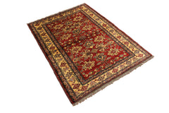 handmade Geometric Super Kazak Red Gold Hand Knotted RECTANGLE 100% WOOL area rug 4' x 5'