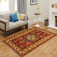 handmade Geometric Super Kazak Rust Tan Hand Knotted RECTANGLE 100% WOOL area rug 4' x 5'
