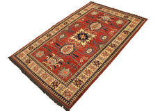 handmade Geometric Super Kazak Rust Beige Hand Knotted RECTANGLE 100% WOOL area rug 4' x 6'