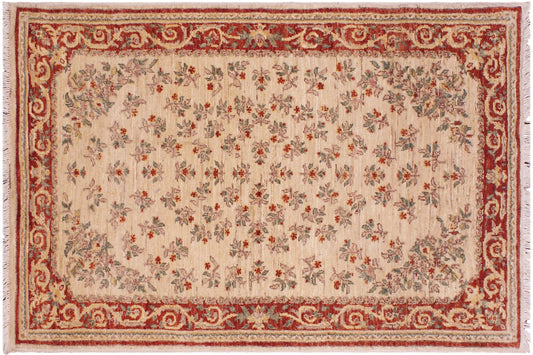 handmade Transitional Kafkaz Ivory Red Hand Knotted RECTANGLE 100% WOOL area rug 3' x 5'