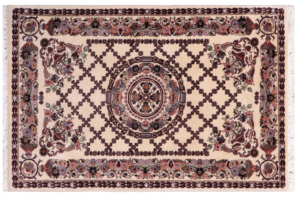 handmade Traditional Golden Ivory Blue Hand Knotted RECTANGLE 100% WOOL area rug 3x4