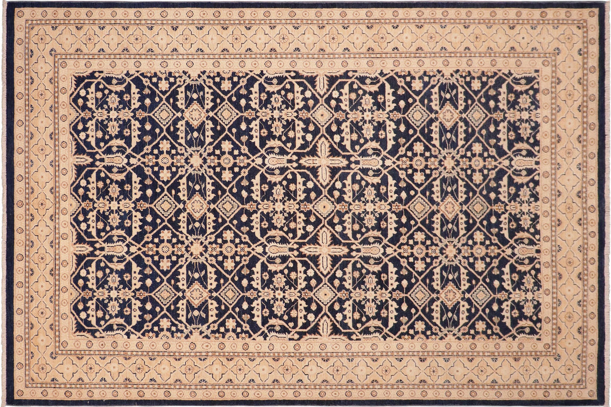 6x9 hand knotted transitional wool rug in blue and gold - Bohemian Ferne