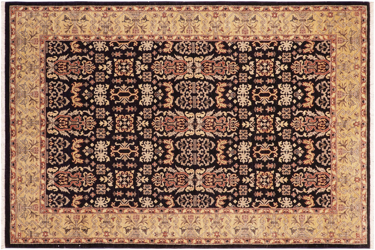 6x9 hand knotted transitional wool rug in blue and gold - Chic Eboni