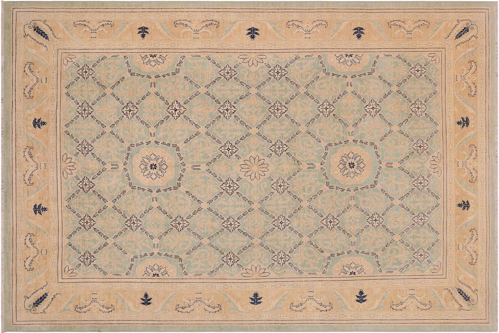 handmade Transitional Kafkaz Green Tan Hand Knotted RECTANGLE 100% WOOL area rug 9' x 12'