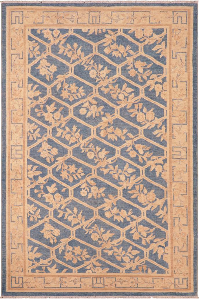 handmade Transitional Kafkaz Blue Tan Hand Knotted RECTANGLE 100% WOOL area rug 6 x 9