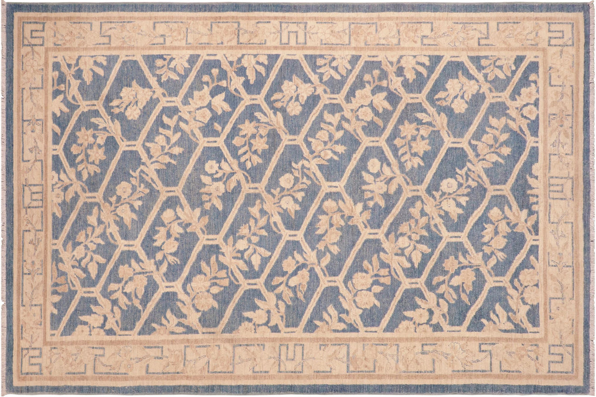 6x9 hand knotted transitional wool rug in blue and tan - Classic Danniell