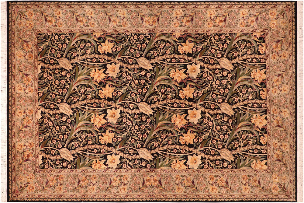 handmade Transitional Dafodils Black Taupe Hand Knotted RECTANGLE 100% WOOL area rug 6x9