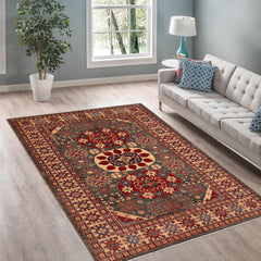 Tribal Super Kazak Magaly Green/Beige Wool Rug - 6'10'' x 9'6''