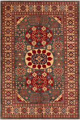 Tribal Super Kazak Magaly Green/Beige Wool Rug - 6'10'' x 9'6''