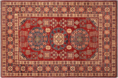 handmade Geometric Super Kazak Red Blue Hand Knotted RECTANGLE 100% WOOL area rug 5' x 6'