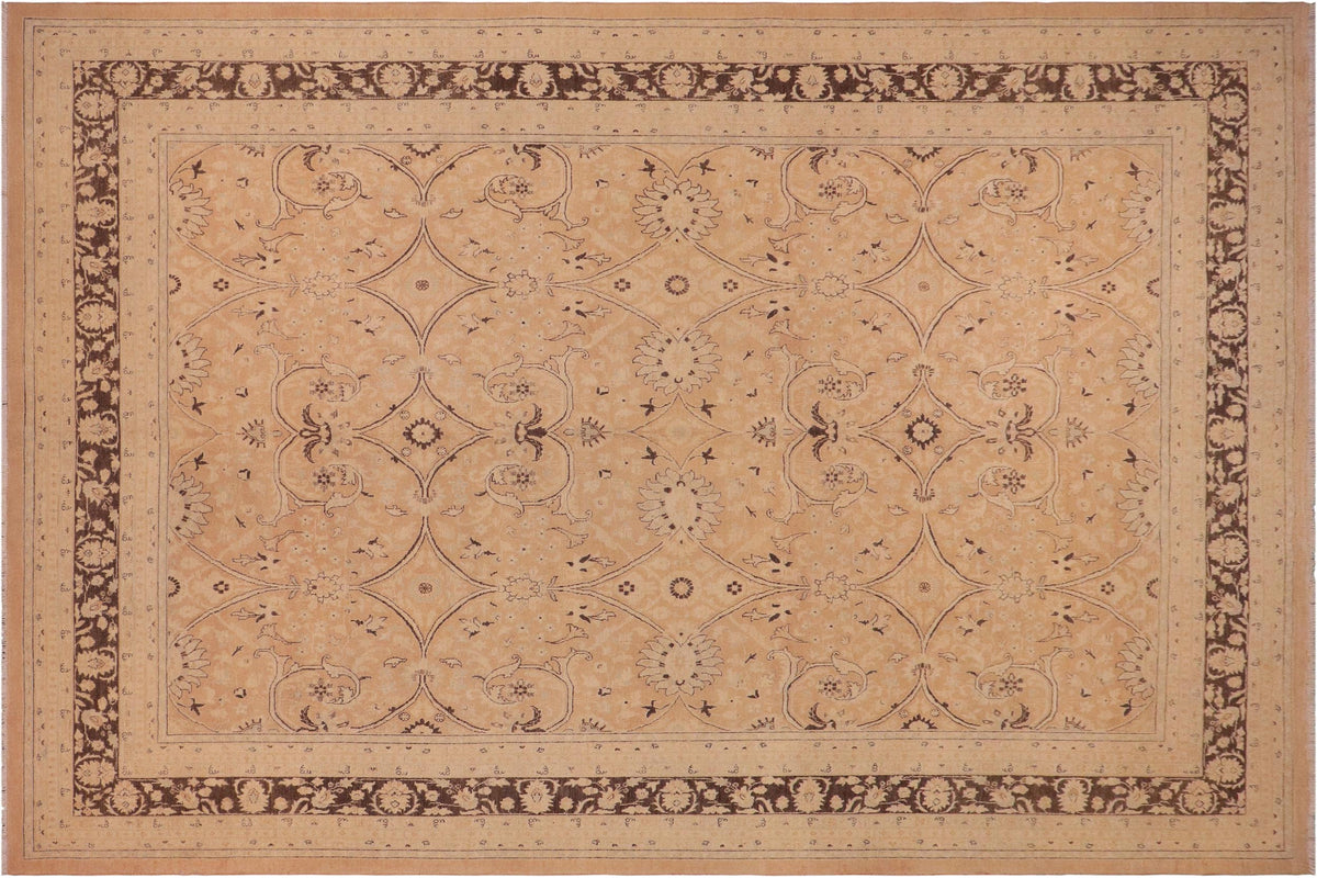 9x12 hand knotted transitional wool rug in peach and brown - Daine