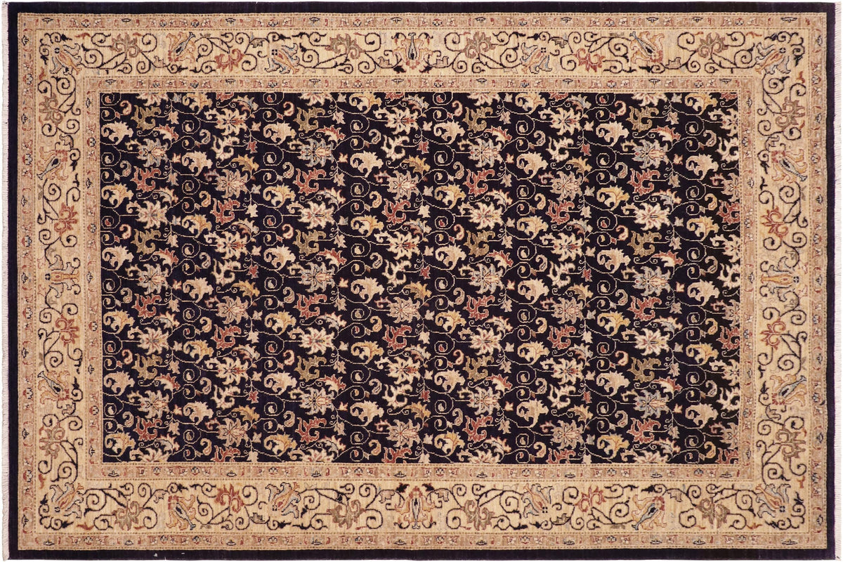 6x9 hand knotted transitional wool rug in blue and beige - Eclectic Brunilda