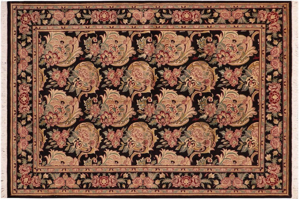 handmade Transitional Basarabian Black Pink Hand Knotted RECTANGLE 100% WOOL area rug 6' x 9'