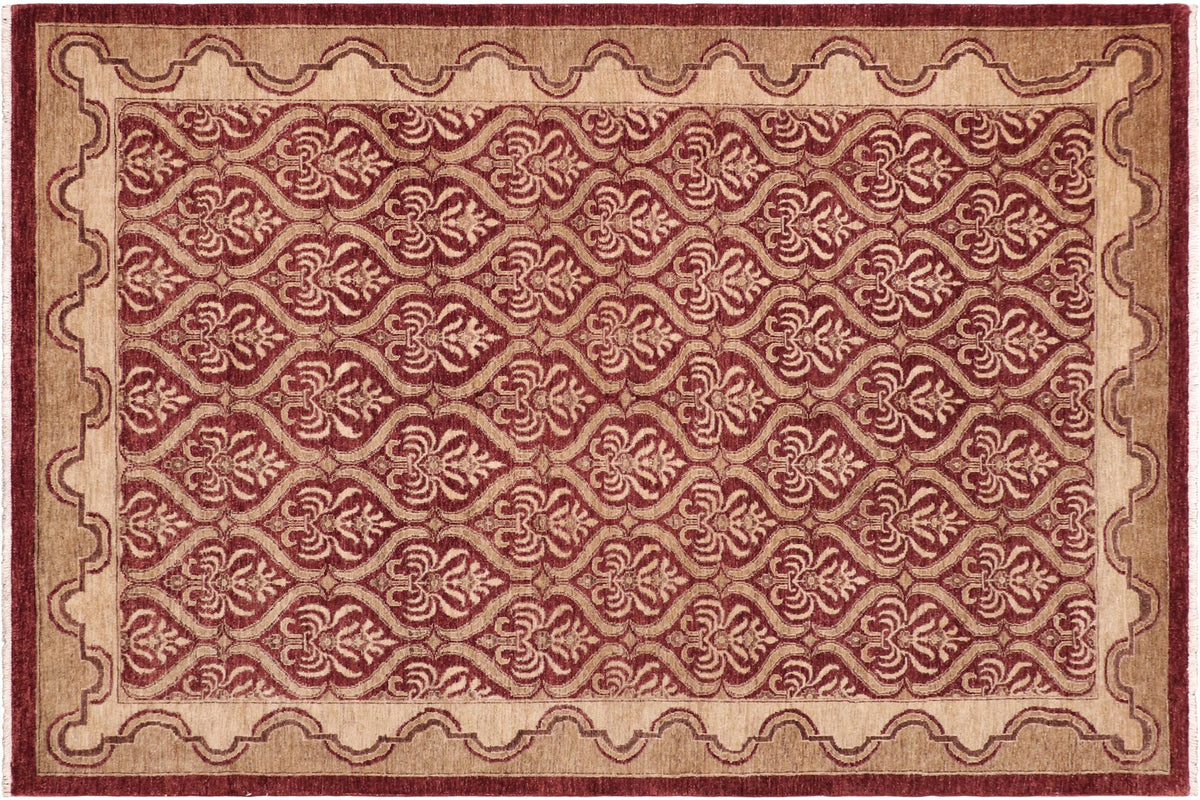 6x9 hand knotted transitional wool rug in red and tan - Oriental Cathey