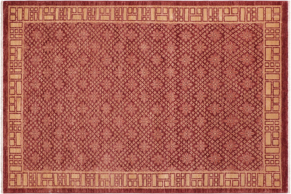 handmade Modern Kafkaz Red Tan Hand Knotted RECTANGLE 100% WOOL area rug 6' x 8'
