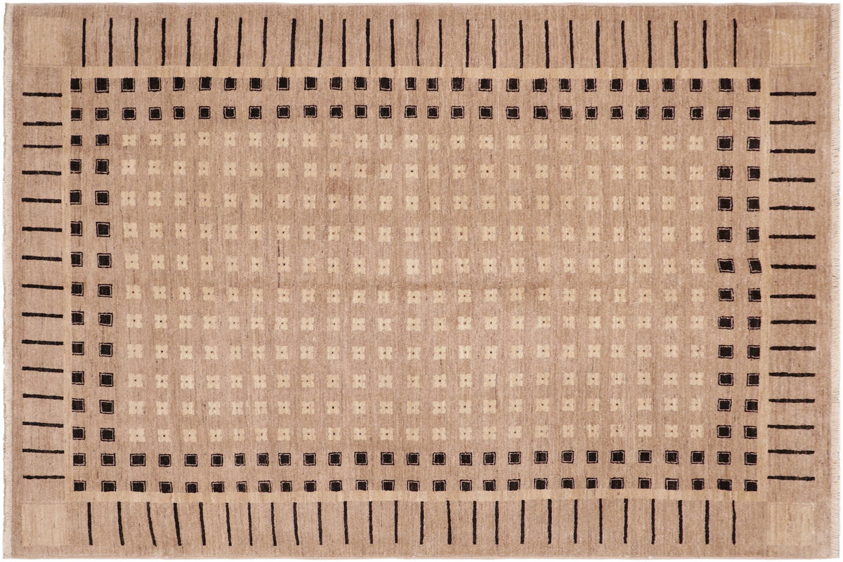 6x9 hand knotted modern wool rug in tan and black - Modern Jeanene
