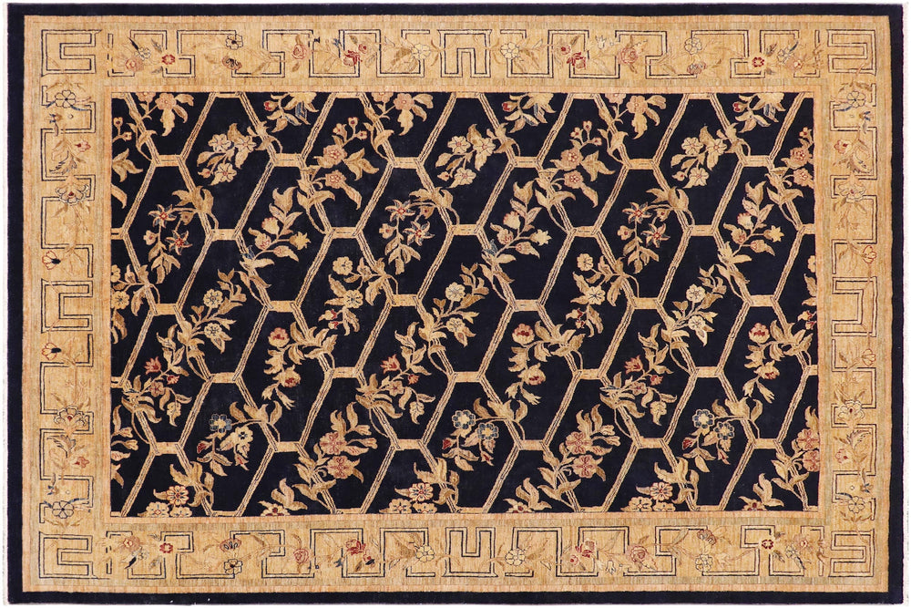 handmade Transitional Kafkaz Blue Gold Hand Knotted RECTANGLE 100% WOOL area rug 9' x 12'