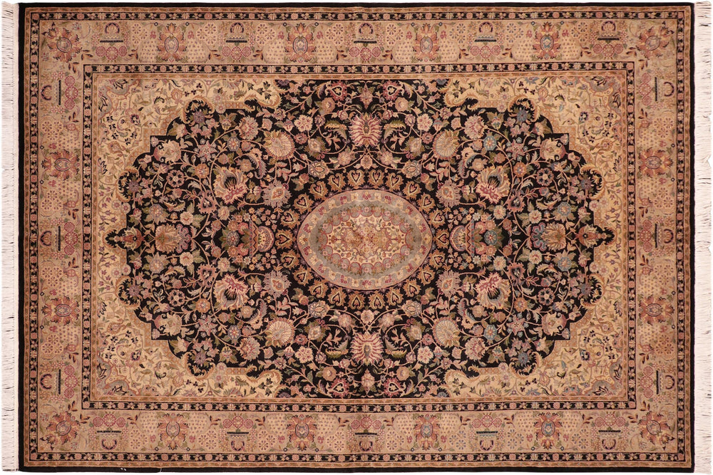 handmade Traditional Hussani Black Taupe Hand Knotted RECTANGLE 100% WOOL area rug 6x9