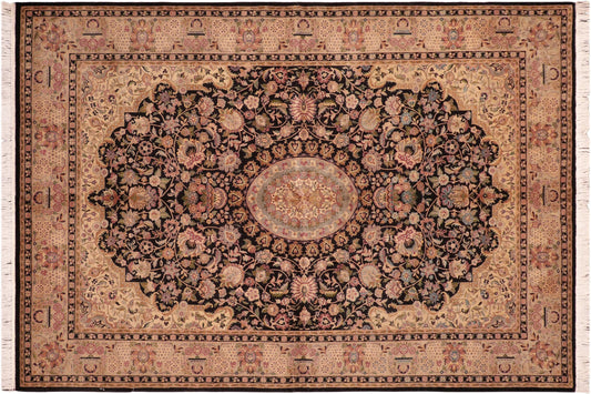 handmade Traditional Hussani Black Taupe Hand Knotted RECTANGLE 100% WOOL area rug 6x9