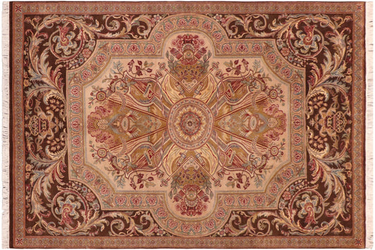 handmade Traditional Firdous Brown Taupe Hand Knotted RECTANGLE 100% WOOL area rug 6x10