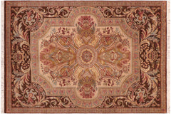 handmade Traditional Firdous Brown Taupe Hand Knotted RECTANGLE 100% WOOL area rug 6x10