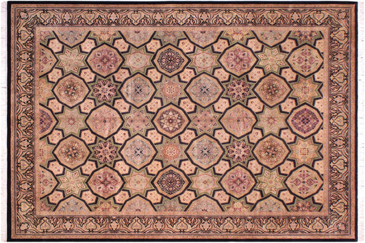 handmade Transitional Mugalart Black Multi Hand Knotted RECTANGLE 100% WOOL area rug 9x12