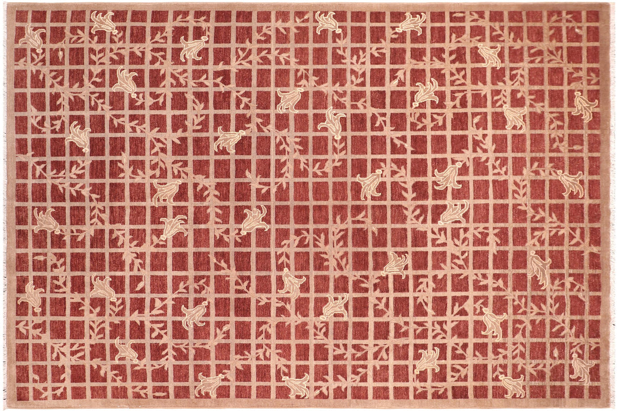 8x10 hand knotted modern wool rug in red and tan - Chic Izola