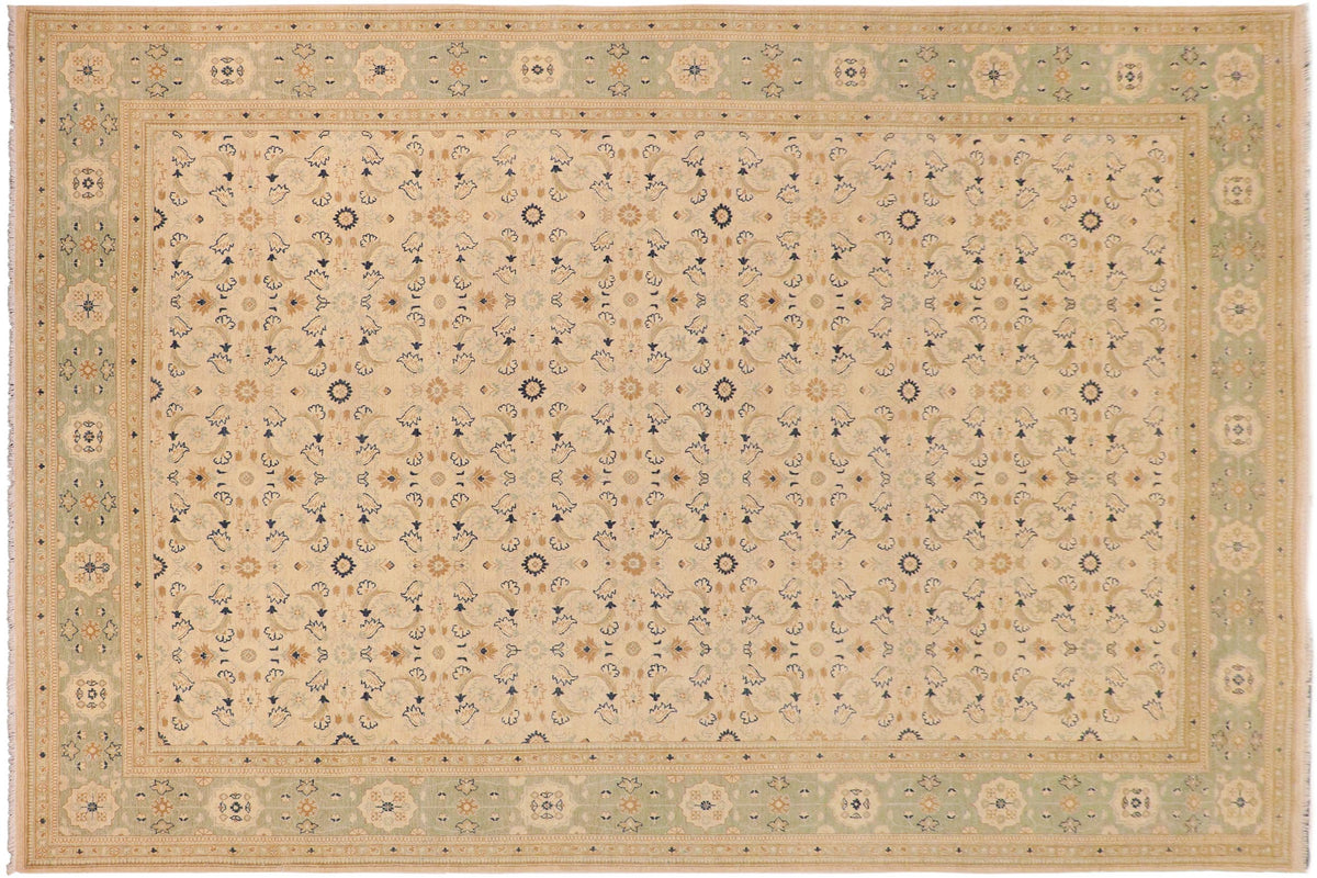 10x14 hand knotted transitional wool rug in tan and green - Classic Hertha