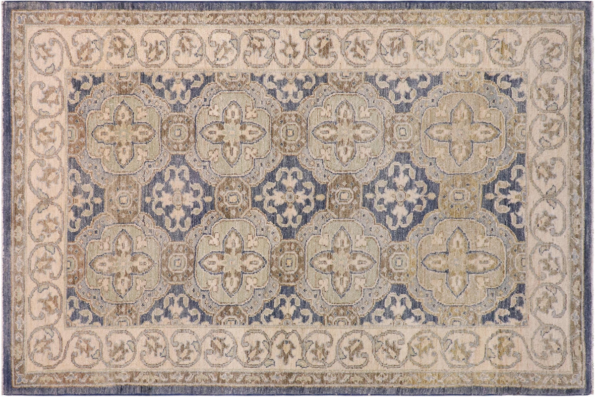 3x5 hand knotted transitional wool rug in blue and tan - Eclectic Mayola